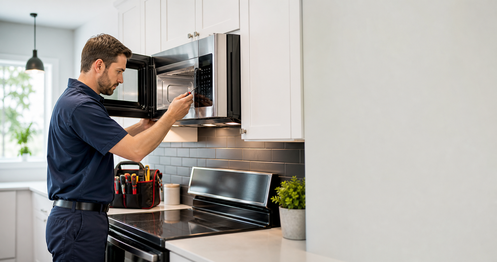 Technician repairing a microwave in a kitchen